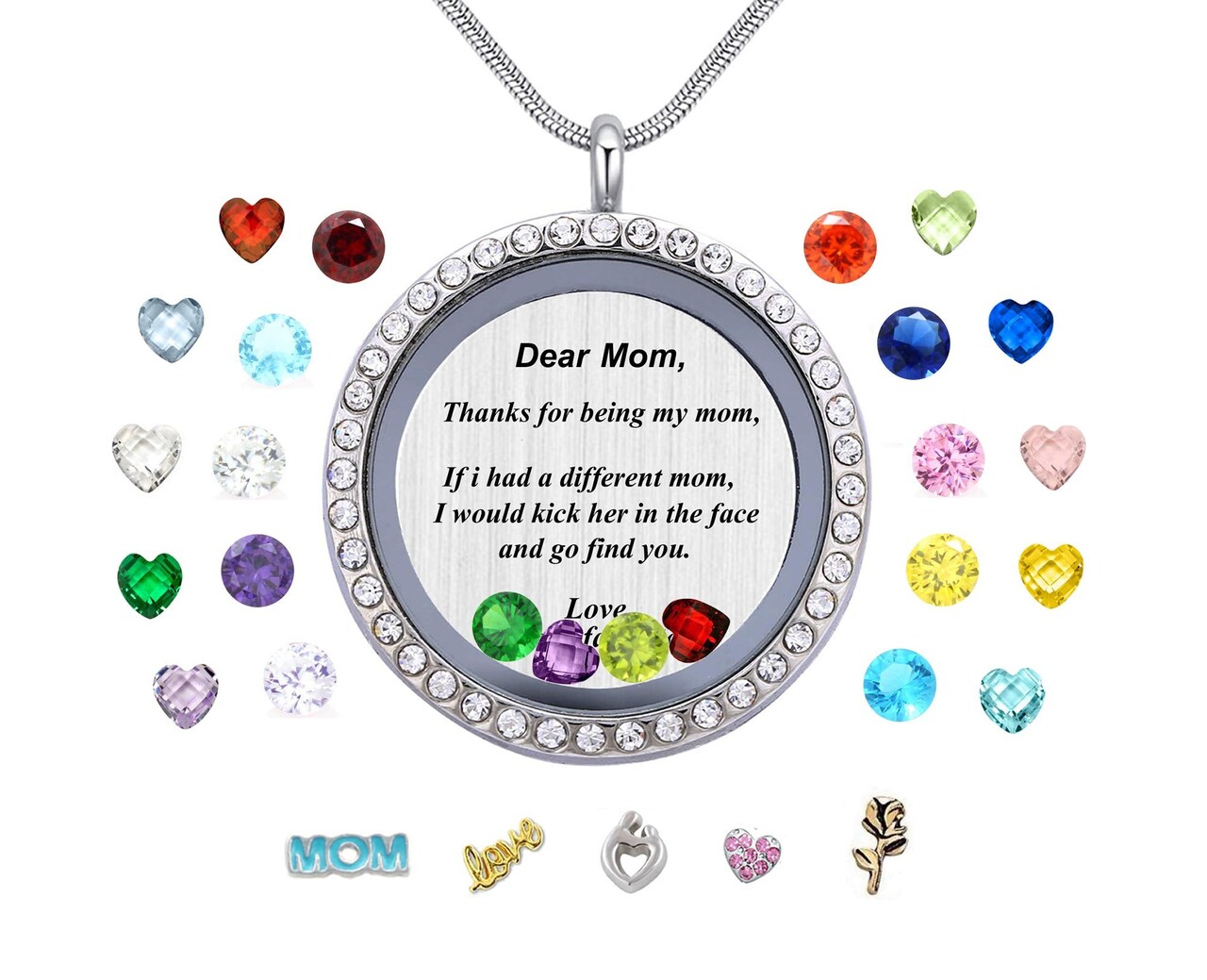 Thanks For Being My Mom Birthstone Necklace Floating Locket - Best Mother's Day Gifts for Mom, Women - Unique Gag Present Idea for Her from Daughter or Son -Top Birthday Gift